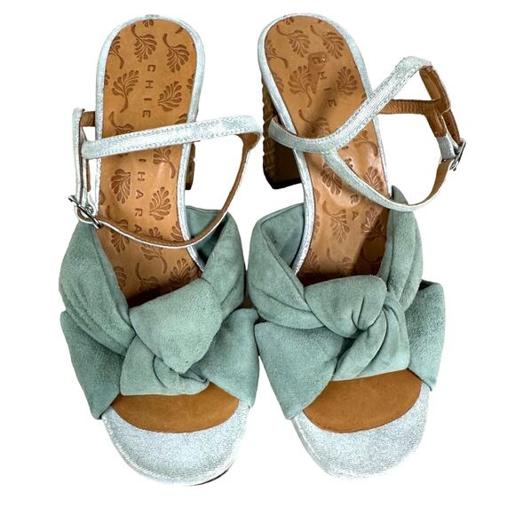 Chie Mihara NWOB Gelia 55mm Calf Suede Sandals Green Open Toe Bow Size 37 (US 7) - Picture 3 of 8
